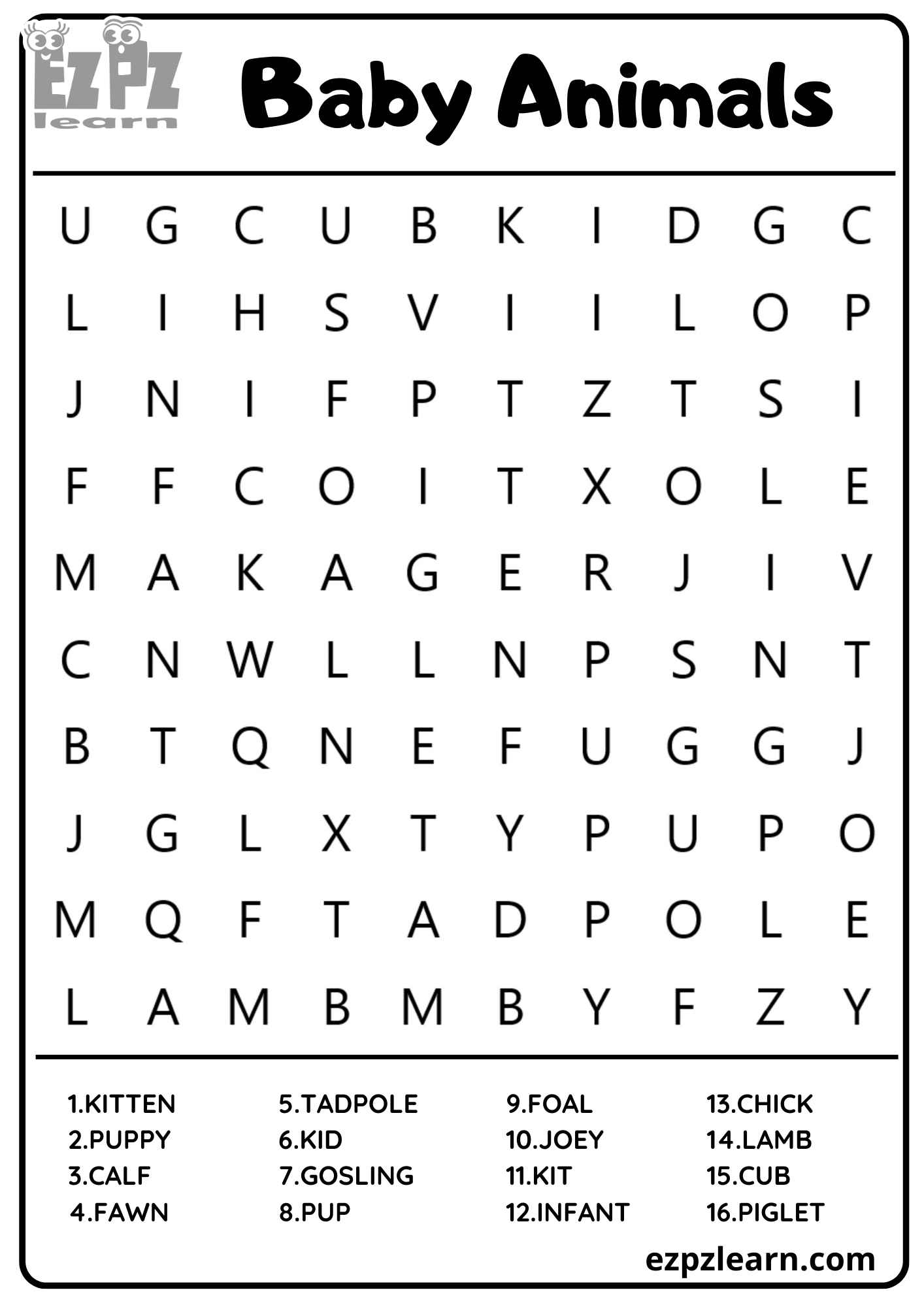 Baby Animals Vocabulary Word Search PDF